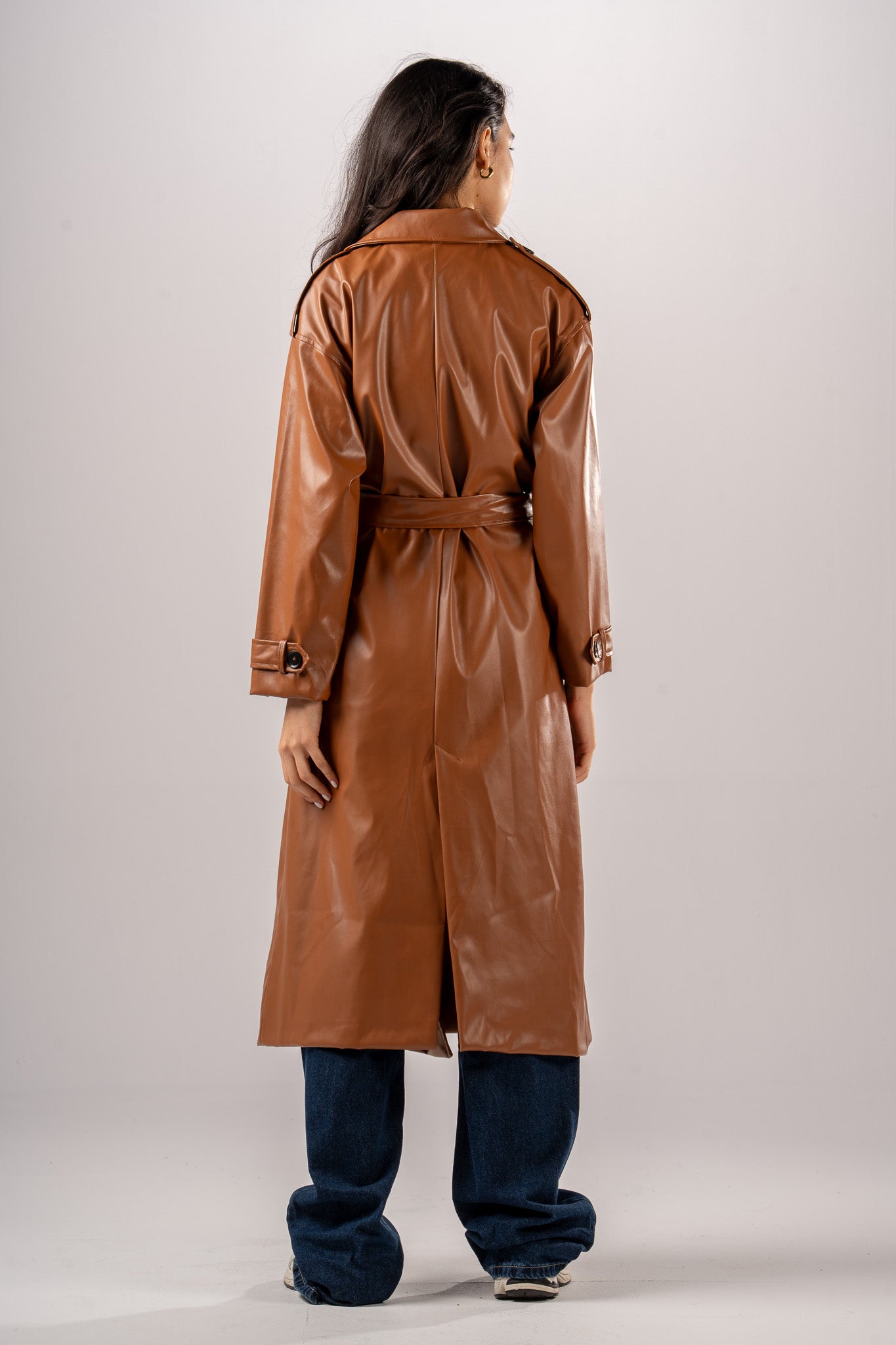 Brown Double Breast PU Coat